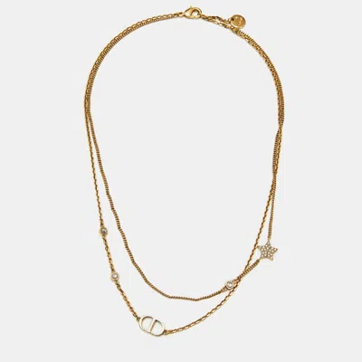 Pre-owned Dior Petit Cd Crystals Gold Tone Double Strand Necklace