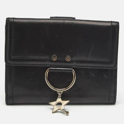 Pre-owned Dior Pierced D-ring Black Leather French Wallet