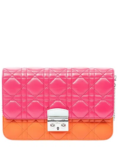 Pre-owned Dior Pink & Orange & Mint Green Cannage Lambskin Leather Miss  Wallet On  Chain (authentic Pre-l