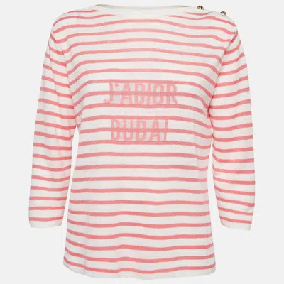 Pre-owned Dior Pink And White Strip Patterned Knit Shoulder Buttoned Top Xl