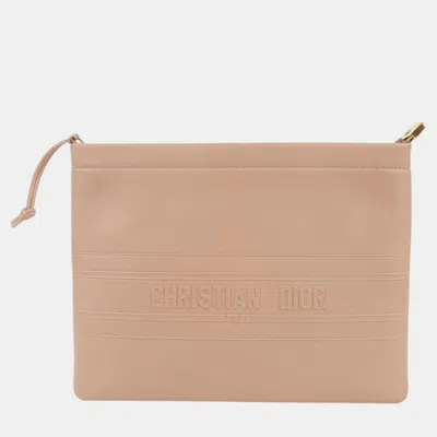 Pre-owned Dior Pink Calfskin Stripe Embossed Logo Clutch Bag