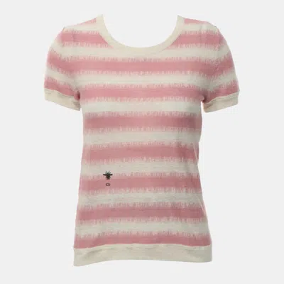 Pre-owned Dior Pink Cream Linen Cashmere Silk Polyamide Knitted Bee Embroidered T-shirt It 38