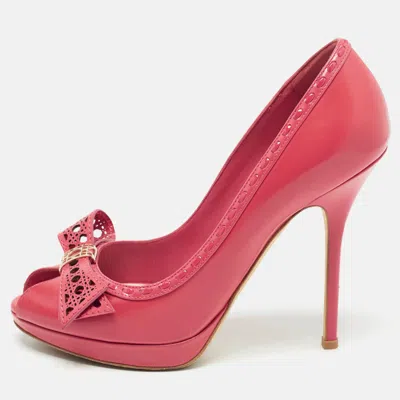 Pre-owned Dior Pink Leather Cannage Bow Peep Toe Platform Pumps Size 38