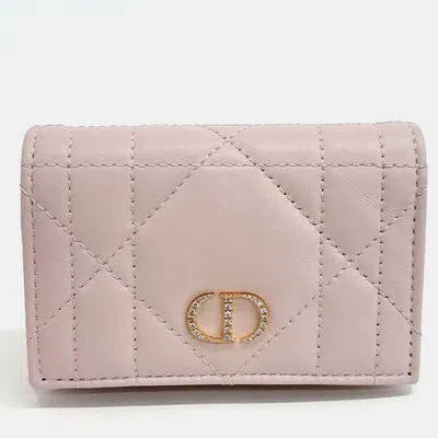 Pre-owned Dior Pink Leather Crystal Logo Caro Bifold Wallet