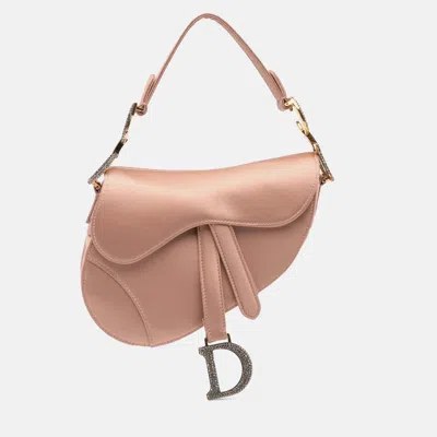 Pre-owned Dior Pink Mini Satin Crystal Embellished Saddle Bag