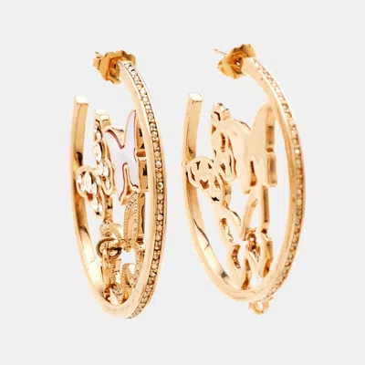 Pre-owned Dior Pink Mother Of Pearl Butterfly Crystal Gold Tone Hoop Earrings