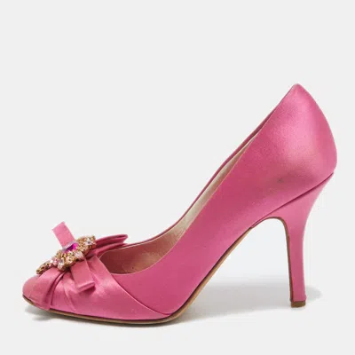 Pre-owned Dior Pink Satin Crystal Embellished Bow Pumps Size 36
