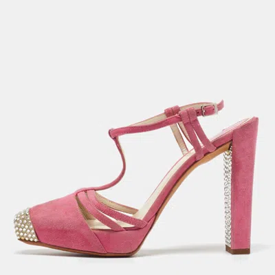 Pre-owned Dior Pink Suede Crystal Embellished T-strap Sandals Size 37.5