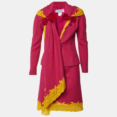 Pre-owned Dior Pink Wool Lace Trimmed Skirt Suit M