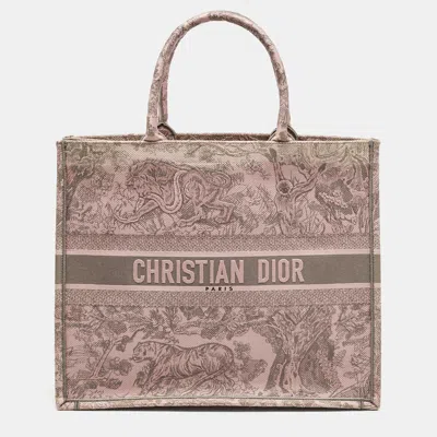 Pre-owned Dior Pink/grey Toile De Jouy Embroidered Canvas Large Book Tote