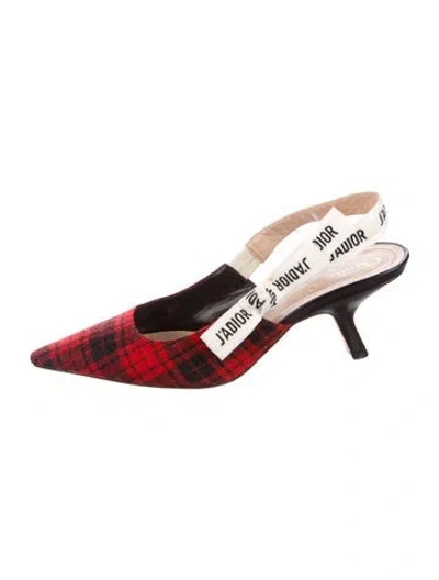 Pre-owned Dior Plaid Print Bow Accents Slingback Pumps In Red
