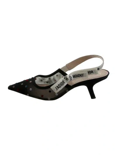 Pre-owned Dior Polka Dot Print Pom-pom Embellishments Slingback Pumps In Black/gold
