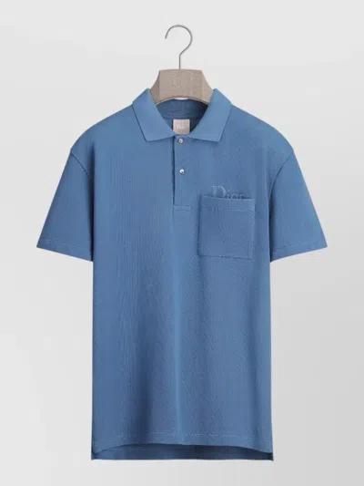 Dior Polo Shirt Ribbed Collar Chest Pocket In Blue