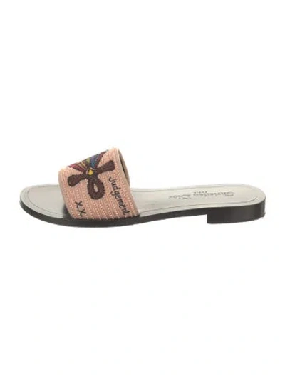Pre-owned Dior Printed Beaded Accents Slides In White