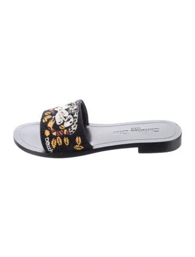 Pre-owned Dior Printed Embroidered Accent Slides In Black