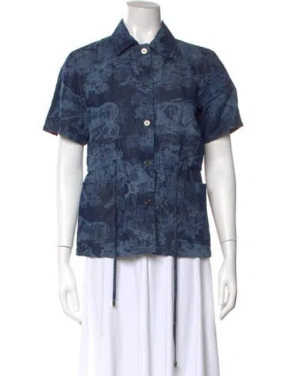 Pre-owned Dior Printed Short Sleeve Button-up Top In Blue