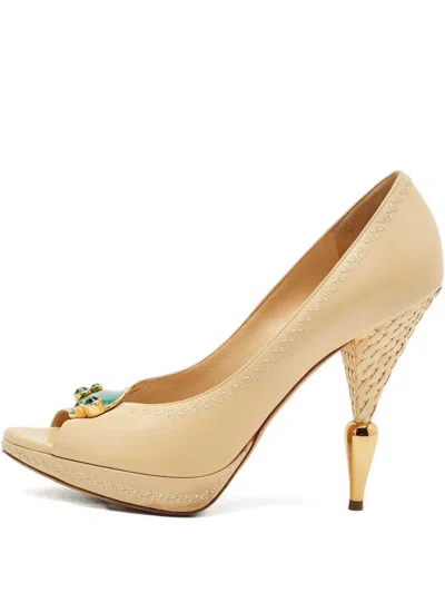 Pre-owned Dior Raffia Peep-toe Pumps In Neutral