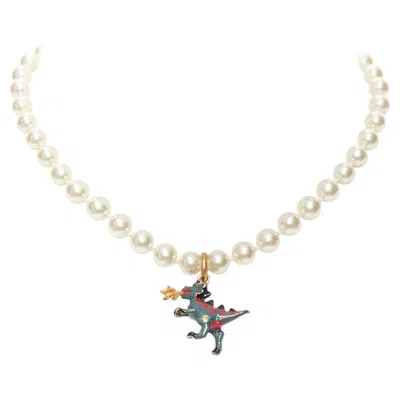 Pre-owned Dior Rare  Cd Logo Green Fire Dinosaur Dragon Pendant Pearl Choker Necklace