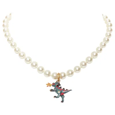 Pre-owned Dior Rare  Cd Logo Green Fire Dinosaur Dragon Pendant Pearl Choker Necklace