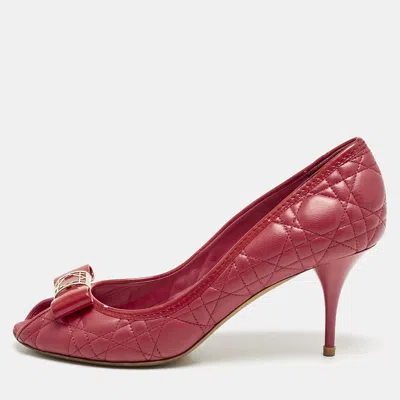 Pre-owned Dior Red Cannage Leather Bow Detail Peep Toe Pumps Size 41