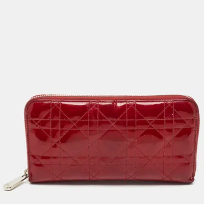 Pre-owned Dior Red Cannage Patent Leather Zip Around Wallet