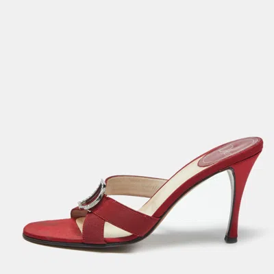 Pre-owned Dior Red Canvas D Crystal Embellished Detail Open Toe Sandals Size 38.5