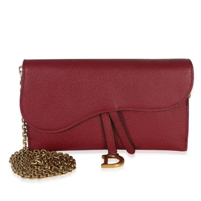 Pre-owned Dior Red Grained Calfskin Saddle Chain Wallet Pouch