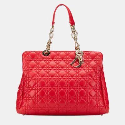 Pre-owned Dior Red Large Lambskin Cannage Soft Zipped Shopping Tote
