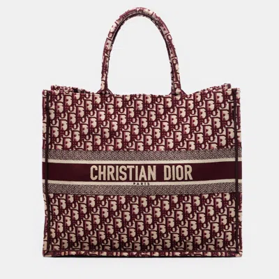 Pre-owned Dior Red Large Oblique Embroidered Canvas Book Tote