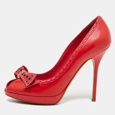 Pre-owned Dior Red Leather Cannage Bow Peep Toe Platform Pumps Size 39
