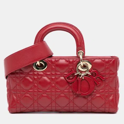 Pre-owned Dior Red Medium Lambskin Cannage Lady D Joy