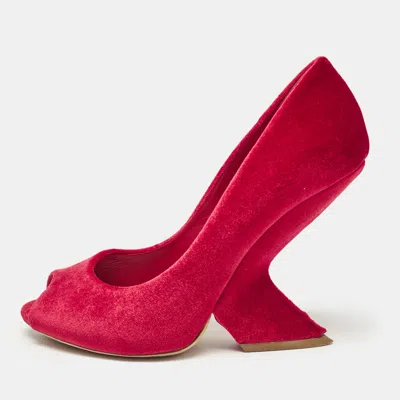 Pre-owned Dior Red Velvet Peep Toe Wedge Pumps Size 38