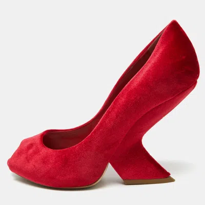 Pre-owned Dior Red Velvet Peep Toe Wedge Pumps Size 39