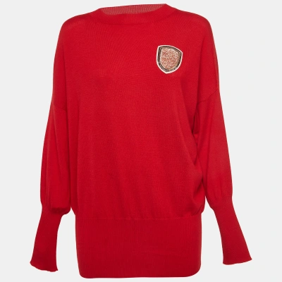 Pre-owned Dior Red Wool And Cashmere Crystal Applique Knit Crew Neck Jumper M