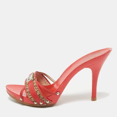 Pre-owned Dior Red/beige Fabric And Leather Slide Sandals Size 40.5