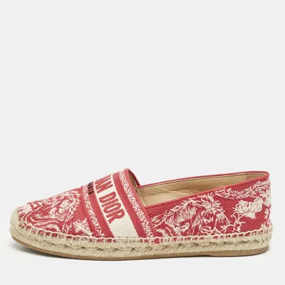 Pre-owned Dior Red/off White Embroidered Canvas Granville Espadrille Flats Size 38