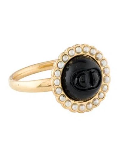 Pre-owned Dior Resin & Faux Pearl Cocktail Ring In Black/white