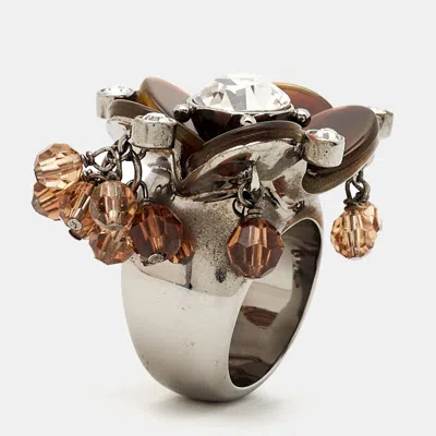 Pre-owned Dior Resin Crystal Beads Silver Tone Ring Size 55