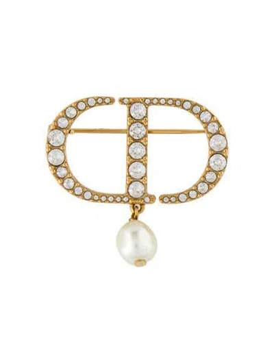 Pre-owned Dior Resin Faux Pearl & Crystal Petit Cd Brooch Pin In White