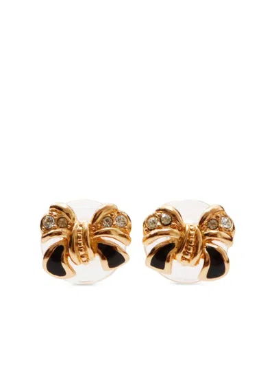 Pre-owned Dior Rhinestone Bow Earrings In 金色