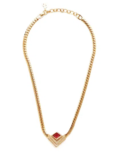 Pre-owned Dior Rhinestone Chain Necklace In Gold