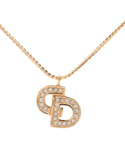 Pre-owned Dior Rhinestone-embellished Cd Necklace In Gold