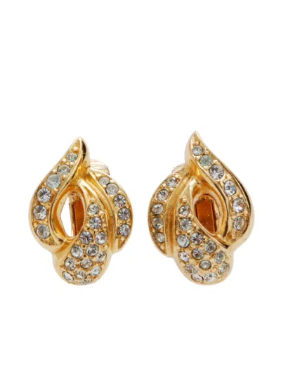 Pre-owned Dior Rhinestone-embellished Clip-on Earrings In Gold
