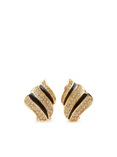 Pre-owned Dior Rhinestone-embellished Clip-on Stud Earrings In Gold