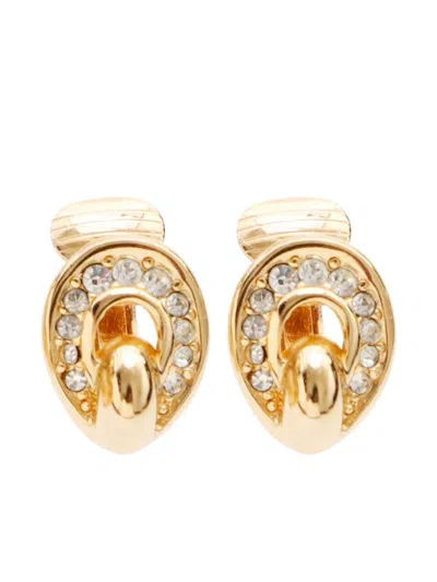 Pre-owned Dior Rhinestone-embellished Clip-on Stud Earrings In Gold