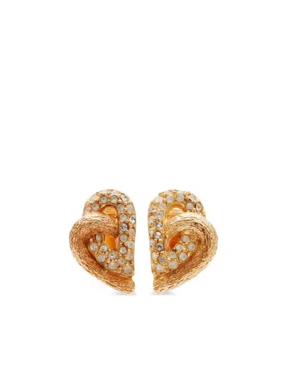 Pre-owned Dior Rhinestone-embellished Heart Clip-on Earrings In Gold