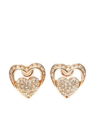 Pre-owned Dior Rhinestone-embellished Heart Earrings In Gold