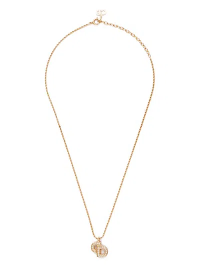 Pre-owned Dior Rhinestone-embellished Logo Pendant Necklace In Gold