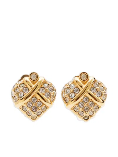 Pre-owned Dior Rhinestone-embellished Stud Clip-on Earrings In Gold