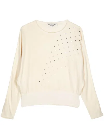 Pre-owned Dior Rhinestone-embellished Wool Jumper In White